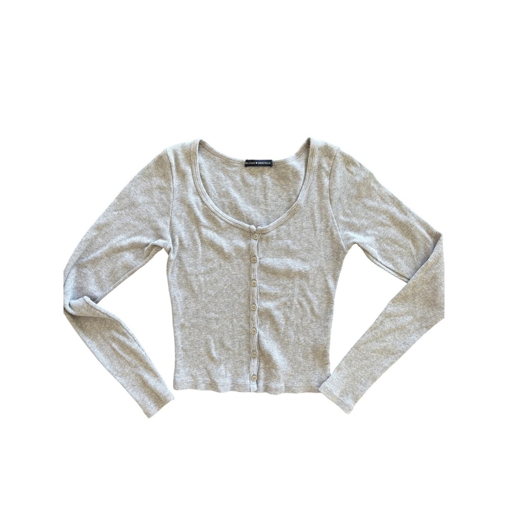 Brandy Melville Zelly Top Heather Grey Ribbed Long Sleeve Button Up One Size